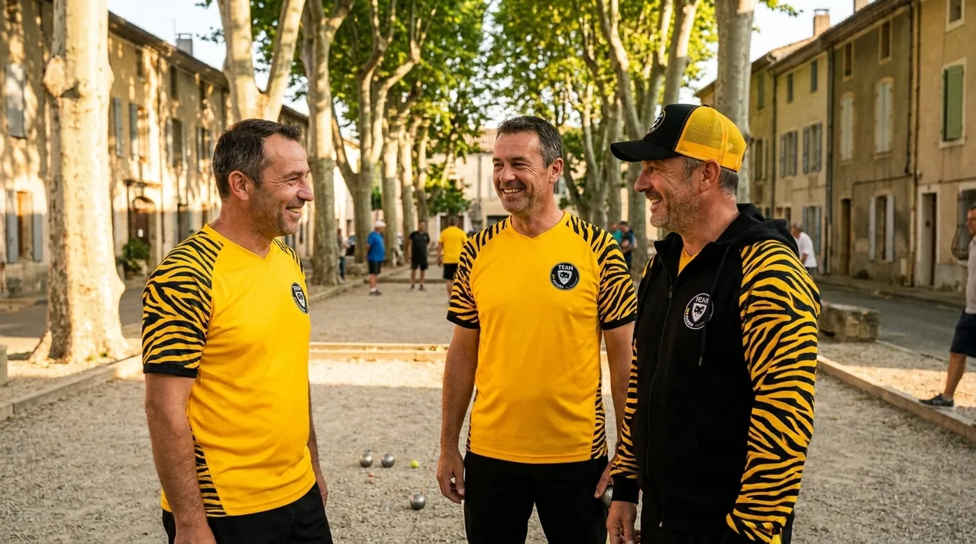 Trois supporters portant le maillot, la veste à capuche et la casquette de la Team MPpronos sur un concours de pétanque